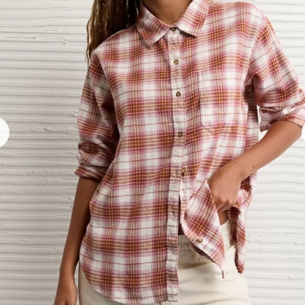 AE American Eagle Oversized Flannel Shirt Womens Brown Pink Plaid Medium  Grunge